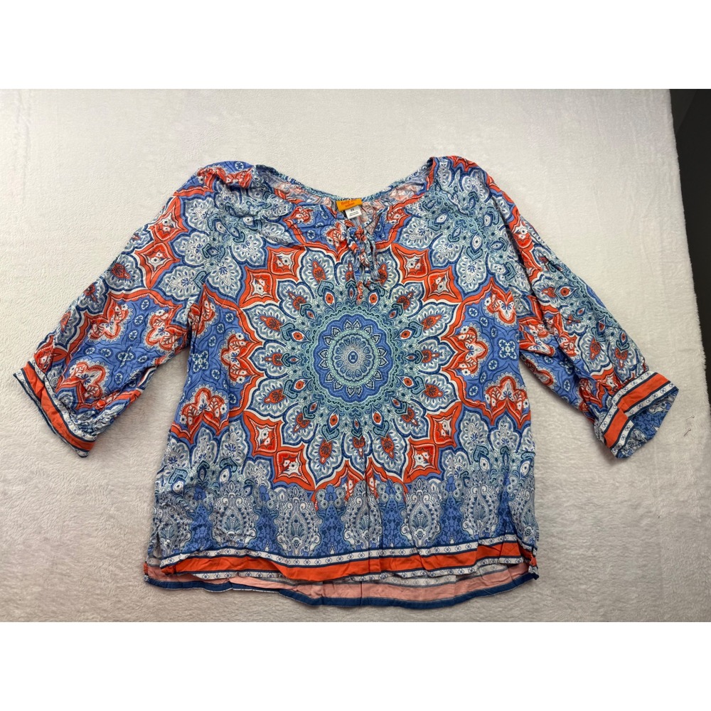 Ruby Rd Woman Blue Orange Mandala Paisley Rayon Blouse 2X 3/4 Sleeve Top